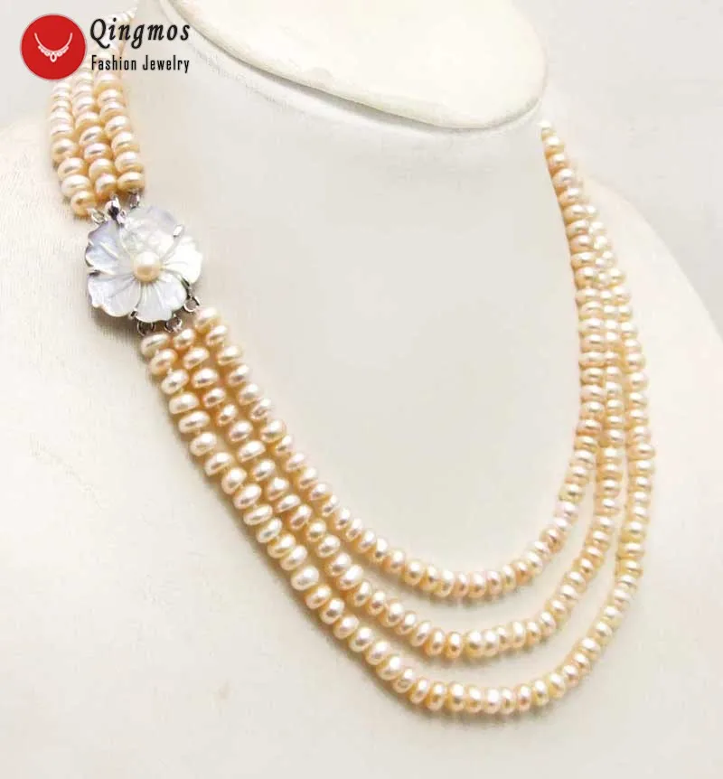 

Qingmos Purple Pearl Necklace for Women with Genunie White 6-7mm Flat Round pearl 3 Strands Chokers Necklace 17-18-19" Jewelry