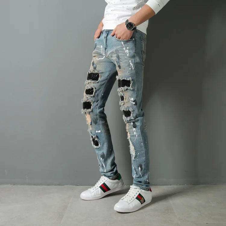 

New trend men's jeans Blue old paint punk wind pants Fashion high street hole slim feet trousers mens skinny jeans