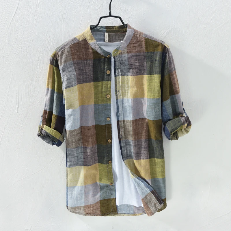 

Рубашка мужская в винтажную клетку, модная брендовая приталенная сорочка из хлопка и льна с длинными рукавами, Повседневная тонкая одежда