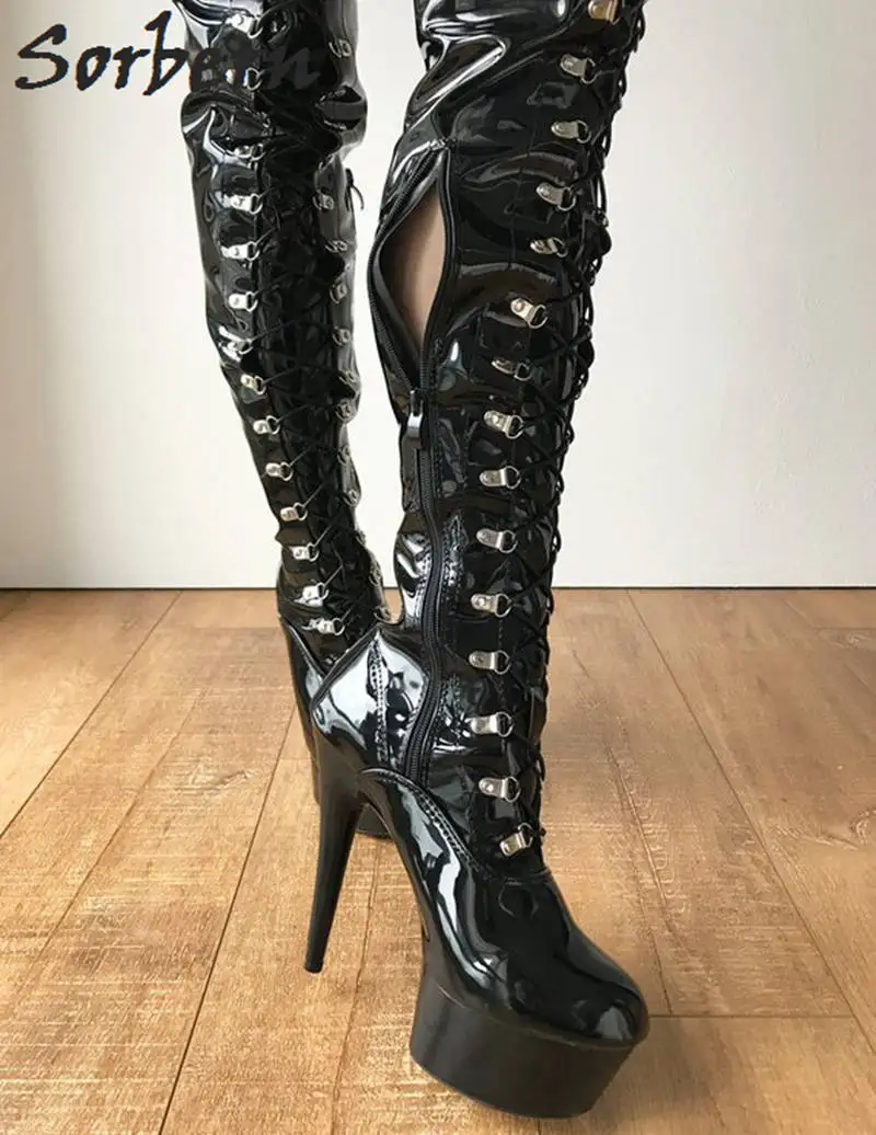 

Sorbern Shiny Black Women Platform Boots Fall Crotch Thigh High Boots Females Thick Heels Big Size Heel Boot With Heels 2019