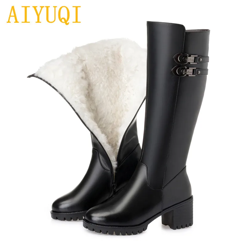 black wool AIYUQI/женские ботинки; женские зимние ботинки из натуральной кожи; большие размеры; классические женские мотоциклетные ботинки в британском стиле; B27 - Цвет: black wool