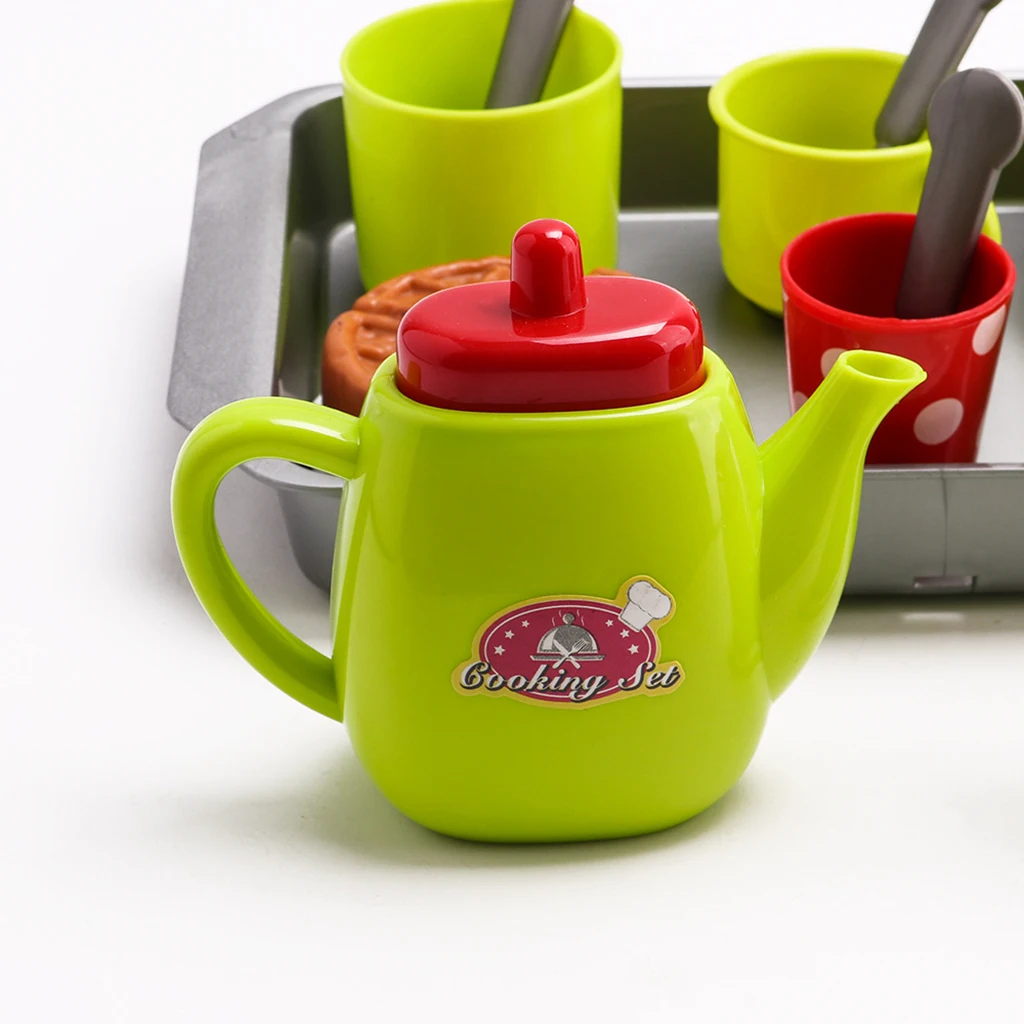 

18Pcs Plastic Tea Set Tray Teapot Tea Caddy Cups Plates Spoons & Cake Pretend Play Toy Educational Toy for Kids Toddler Gift