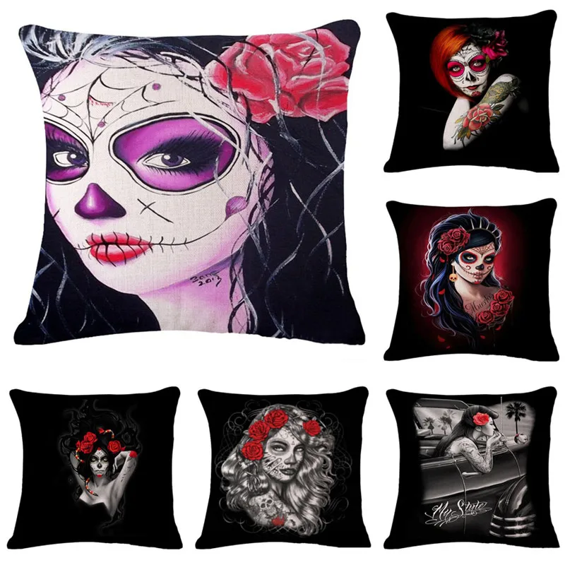 17 Inch Cushion Cover Pillow Retro Horrible Skull Day of the Dead Girl Punk Style Case Linen Cotton Home Decor | Дом и сад