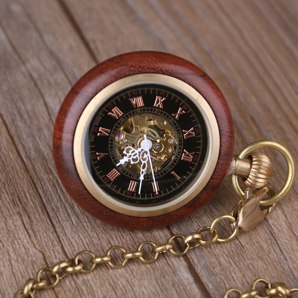 Classic Wood Hollow Roman Numerals Digital Mechanical Pocket Watch Vintage Gentleman Pendant Accessories Clock Men's Gift