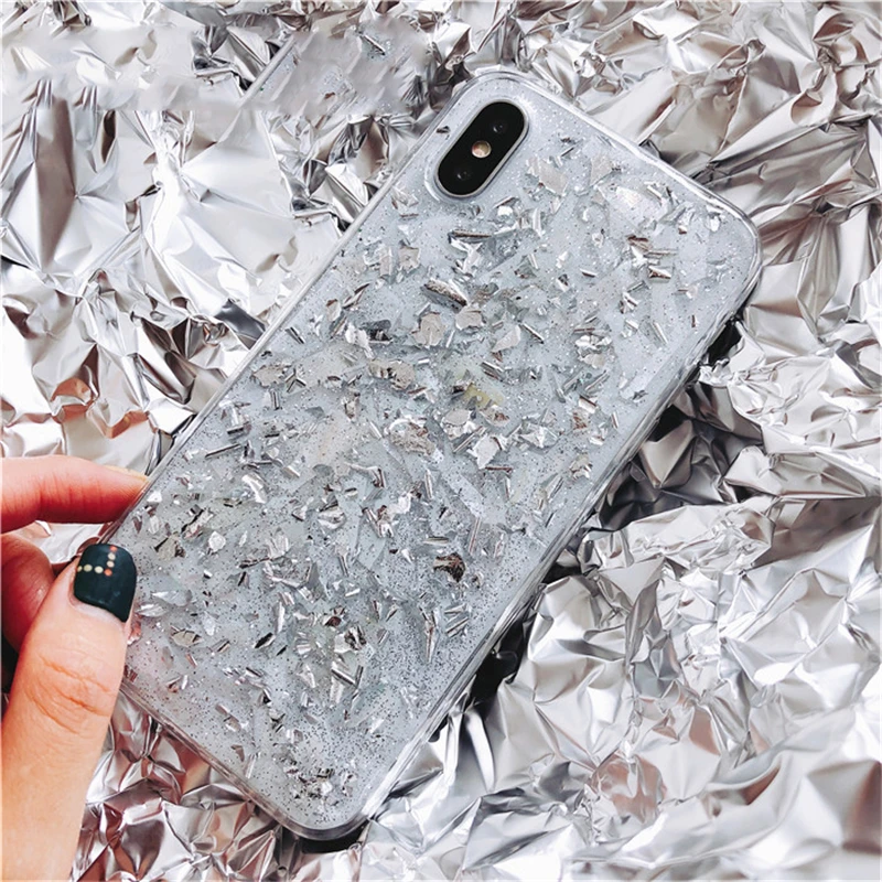 Чехол для iPhone X Xr Xs Max из золотой фольги с блестками Прозрачный мягкий силиконовый