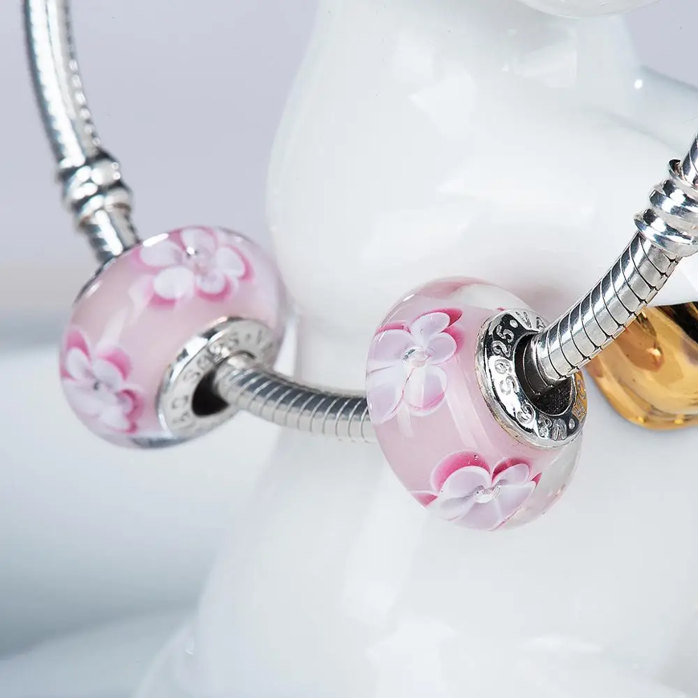 Видео! Женский серебряный браслет с цветком вишни|charm 925 sterling|charm sterling silver925 charms |