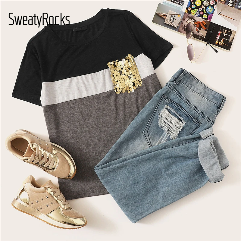 SweatyRocks, цветная футболка с пайетками и карманами, уличная футболка с коротким рукавом, Женский пуловер, топы, Летняя Повседневная Эластичная футболка