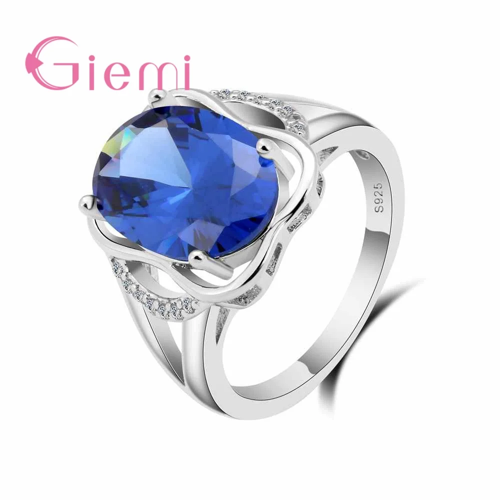 

Exaggerate Ocean Blue Rhinestone Oval Finger Rings for Women Luxury Engagement Gifts Hot Sale 925 Sterling Silver Jewelry