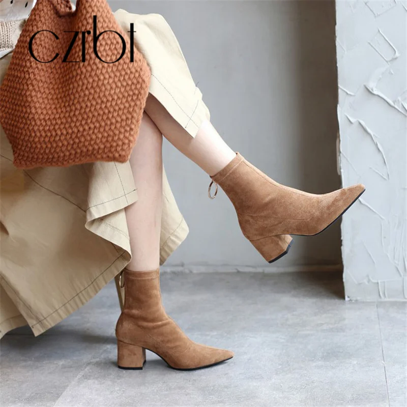 CZRBT 2018 Fall New Boots Women's Coarse Small Pointed Elastic Plaid Lady women | Обувь