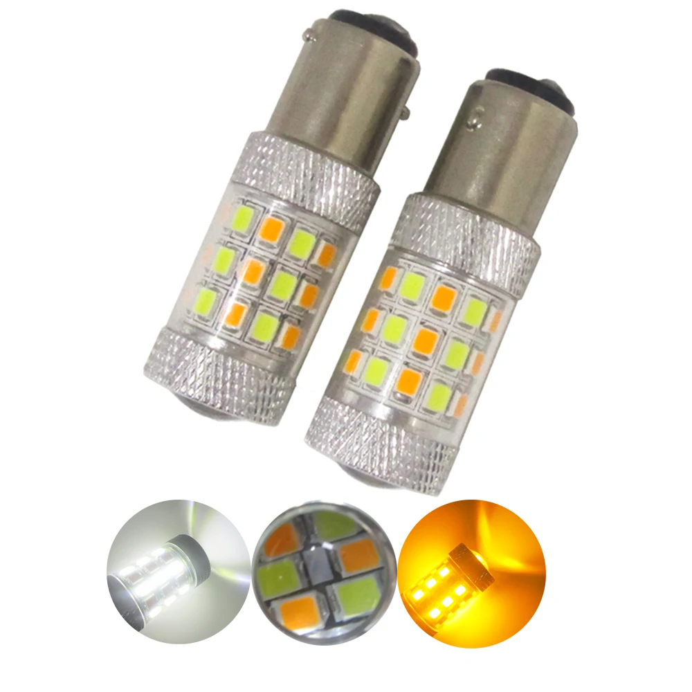 

2 шт. 1157 BAY15D Белый/янтарный переключатель S25 42smd 2835 Автомобильные дневные ходовые огни двухцветные T25 3157 7443 Светодиодные поворотные светодиодные сигнальные фасветильник 12 В