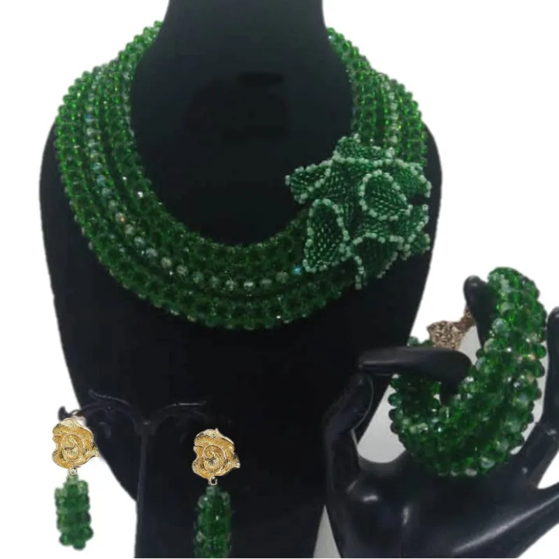

4UJewelry Green Fine Jewelry Set With Big Luxury Handmade Flowers 3 Rows African Bridal Jewelry Set For Women Gift Set 2019 New
