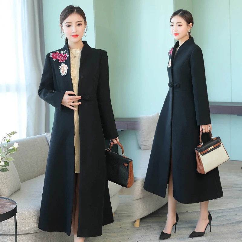 

Elegant Autumn Winter Women Woollen Overcoat Cardigan Long Coat Long Sleeve Embroidery Lady Coats For Mother
