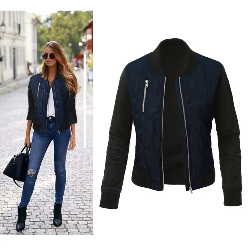 Autumn Winter Leisure Fashion Solid Women Jacket O-neck Zipper Stitching Quilted Bomber jacket 2019 New Coats | Женская одежда