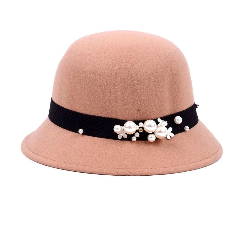 Cloche круглые головные уборы для женщин украшенные жемчугом одноцветная шерсть
