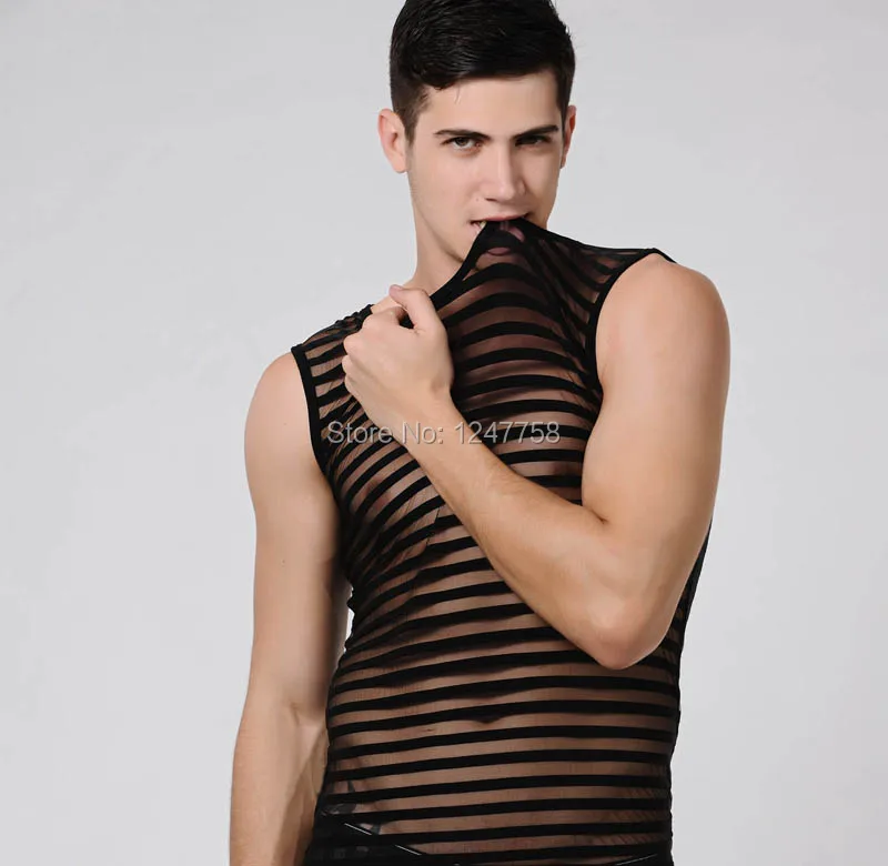 

Avant Garde Men Sleeveless Shirt Striped See Through Mesh Slim Tank Top Vest