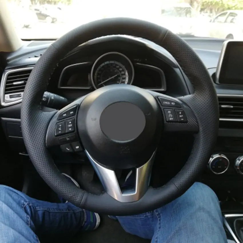 Черная искусственная кожа прошитая вручную для Mazda чехол рулевого колеса