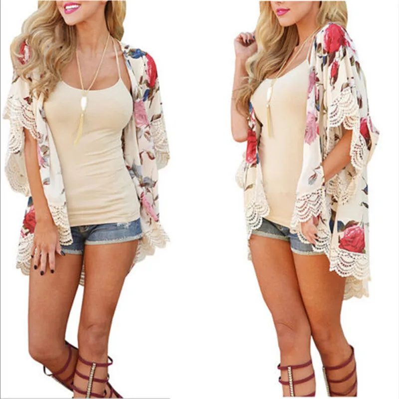 

Summer Women Floral Loose Shawl Kimono Cardigan Tops Boho Chiffon Fashion Casual Blouse