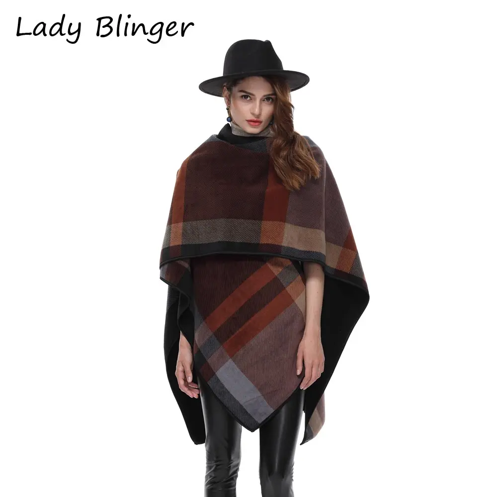 Леди blinger кофе Коричневый Проверьте плед пончо Женская модная зимняя одежда