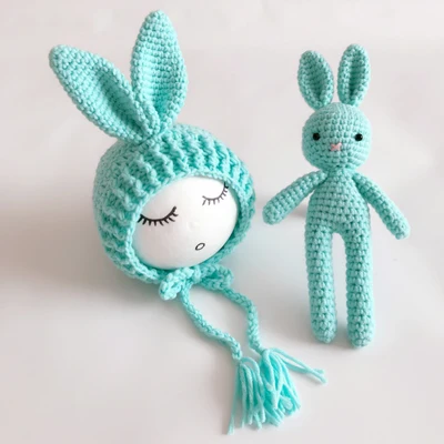 Light Blue Rabbi Set Вязаный крючком костюм для новорожденных девочек и мальчиков; шапка+ игрушка; аксессуары для фотосессии; шапки для новорожденных - Цвет: Light Blue Rabbi Set