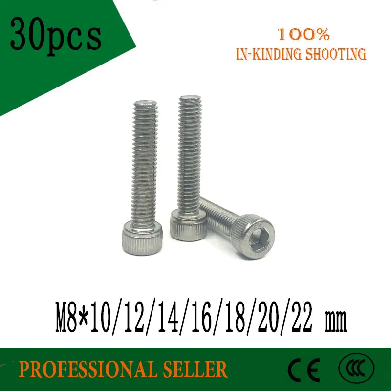

30pcs M8 DIN912 304 Stainless steel Hexagon Hex Socket Head Cap Screws Metric Thread M8*10/12/14/16/18/20/22 mm Cylinder Bolt