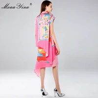 MoaaYina Fashion Designer Set Spring Autumn Womens Short sleeve Print Asymmetrical BlouseAsymmetrical Skirt Two-piece suit