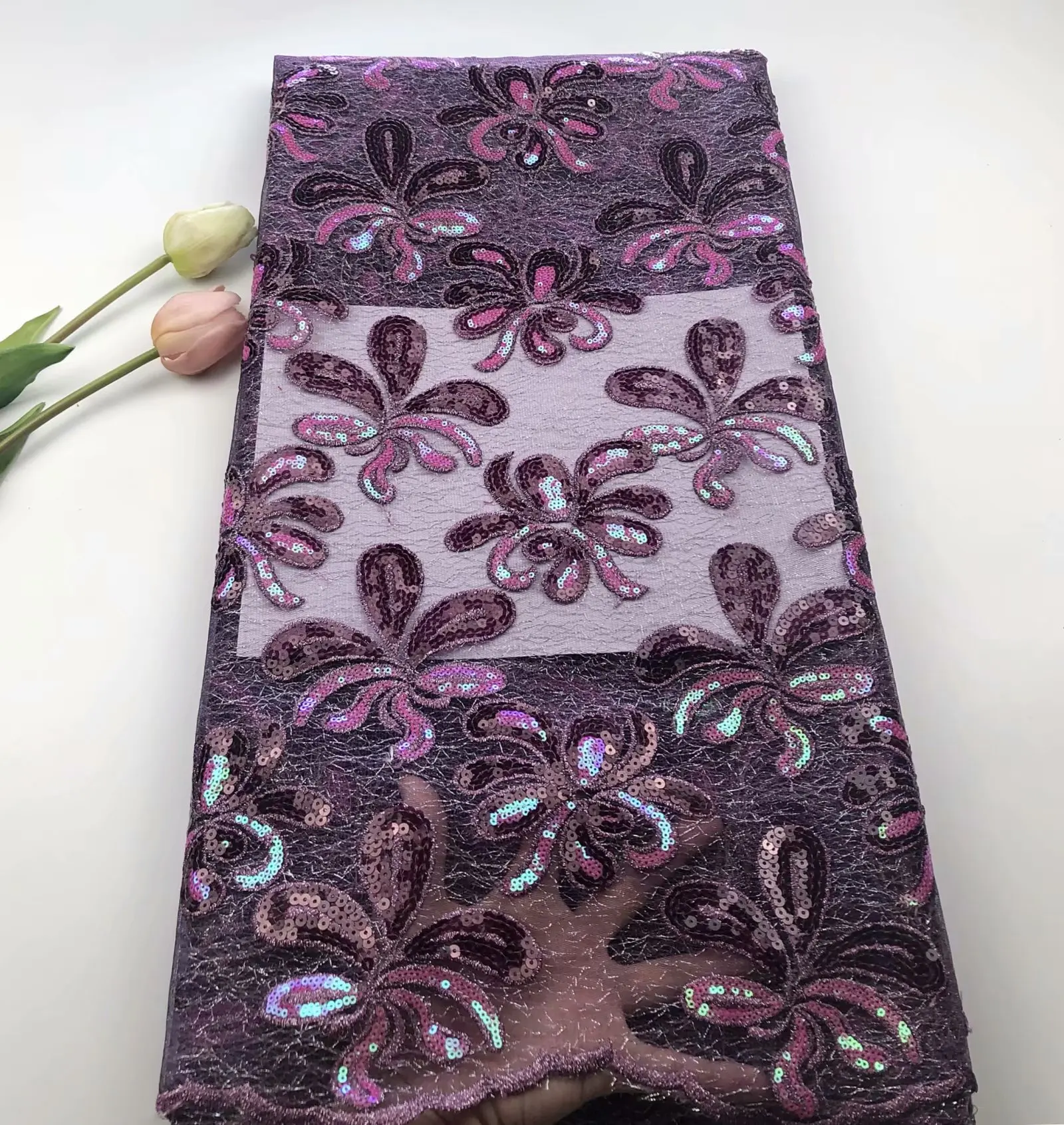 

2019 Latest African Net Lace Fabric, High Quality Sequins Nigerian Wedding Lace Fabrics 5Yards Sequins HUASJUN281