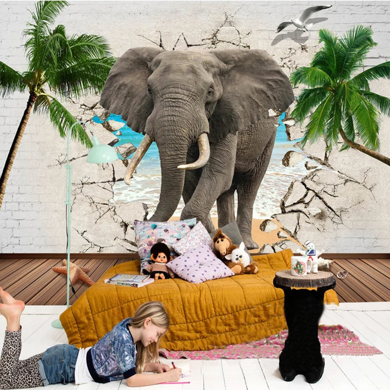 Пользовательские фото обои 3D слон сломанной стены кокосовое Ёлки Гостиная