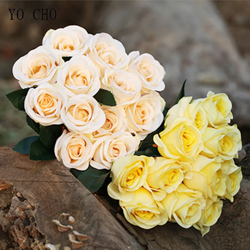 YO CHO Wedding Bouquet Bride Bridesmaid Bunch of Flowers Artificial Silk Flower 12 Heads Rose Nosegay Pink DIY Home Party Decor | Свадьбы и