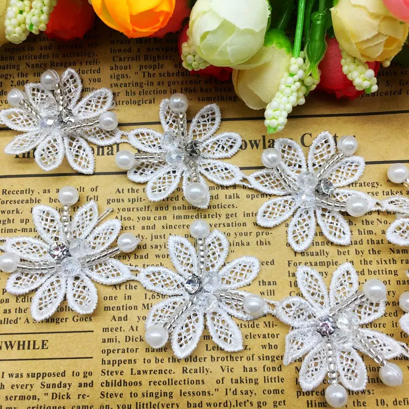 

GXINUG 2 Yard Leaf Shape Beaded Pearl Flower Mesh Lace Trim Ribbon Fabric Net Sewing Craft Appliques Wedding Dress Clothes Decor