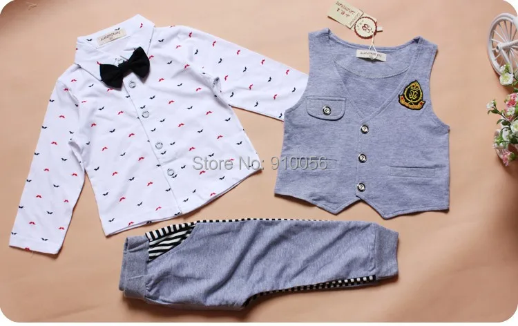 4Set Baby Boys Gentleman Clothing Suits Children Long-Sleeve Tie Printing T-Shirt Top+Pants+Vest 3Pcs Set Kid's Casual | Тематическая