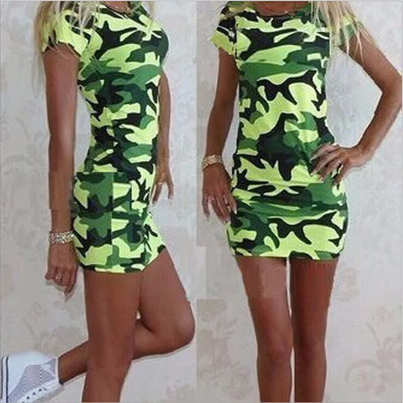 

Women Summer Casual Dress Green Color Sheath O Neck Short Sleeve Vestidos Printed Bodycon Mini Dress Women