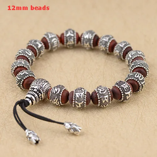 12mm beads 925 пробы Серебряный браслет Будды мантра из бусин для мужчин и женщин Тибетский ОМ МАНИ ПАДМЕ ГУМ браслет лбулярный красный сандаловое дерево инкрустированный - Окраска металла: 12mm beads