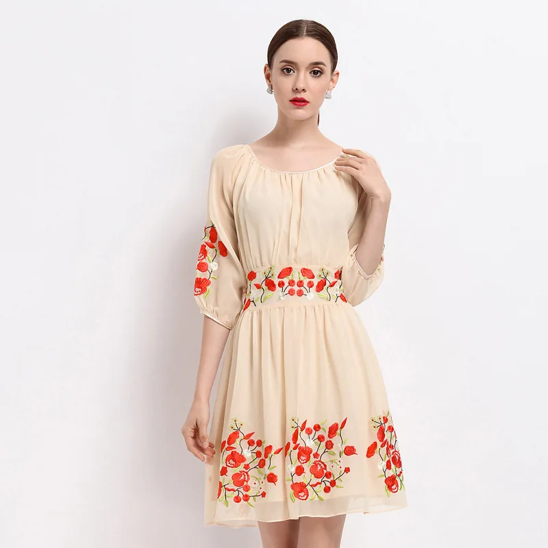 High quality dress s/s/женщины вышивка половина рукава элегантный личности женщин платья