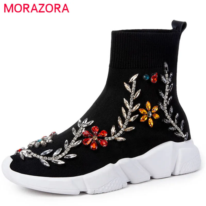 MORAZORA/2020 новые эластичные носки Ботинки с круглым носком Ботильоны для женщин