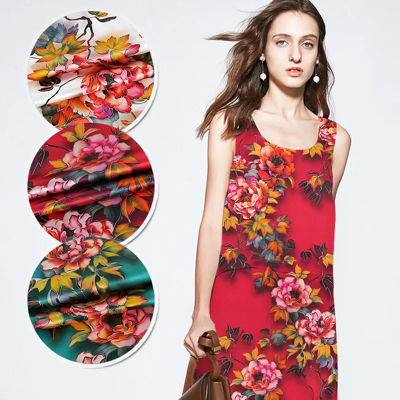 

118CM Wide 19MM Red Floral Print Stretch White Red Blue Green Silk Satin Fabric Good for Summer Dress Skirt Shirt Pants JH133