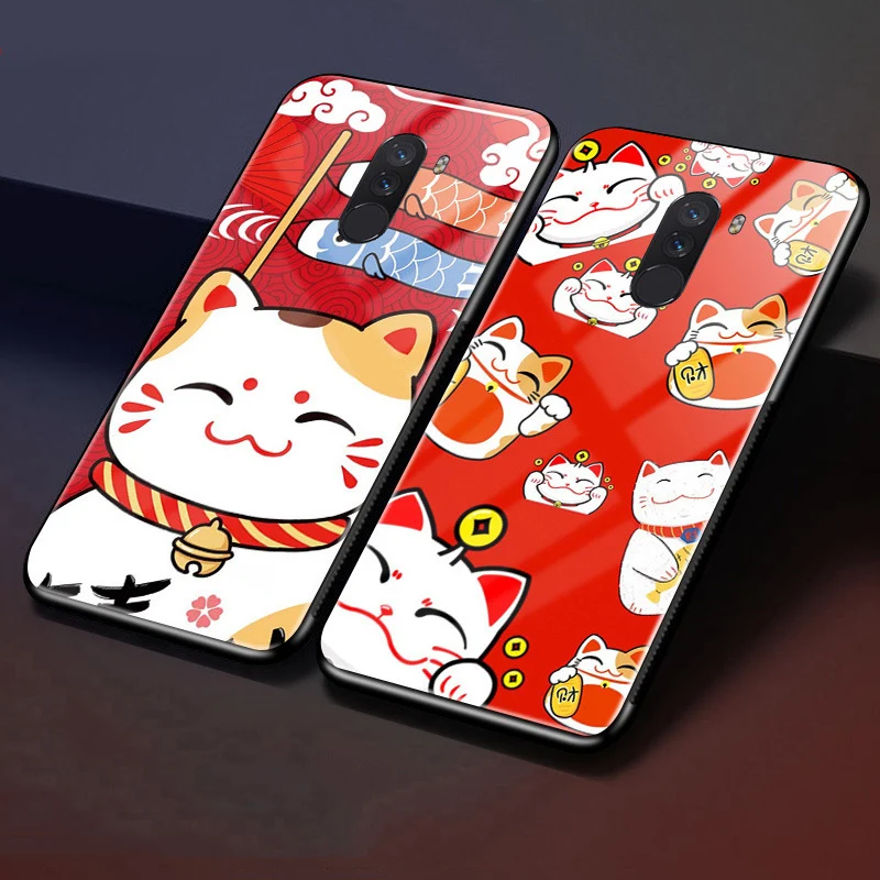 Чехол для Xiaomi Pocophone F1 Poco чехол Lucky cartoon cat из закаленного стекла телефона