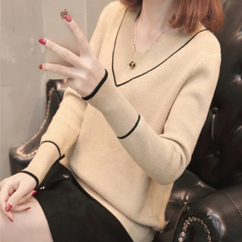 2019 Spring Autumn Women Sweater Pullover Knitted Plus Size Loose V-neck Long-sleeve Ladies Casual Jumper Pull Femme Top R152 | Женская