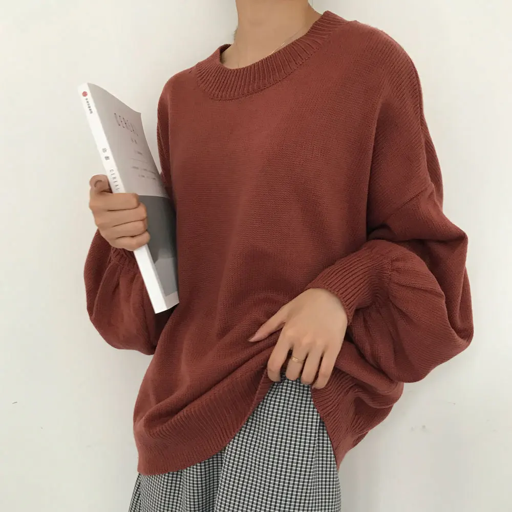 Korean Style Women Pullovers Sweater 2017 Winter New Retro Lantern Sleeves Loose Solid Color Round Neck Wild Knit Tops | Женская одежда