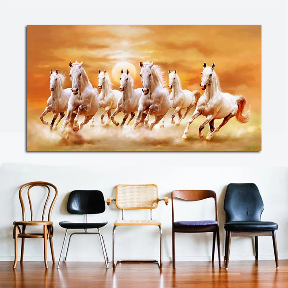 JQHYART Seven Running White Horse домашние украшения с животными картины на холсте плакаты и