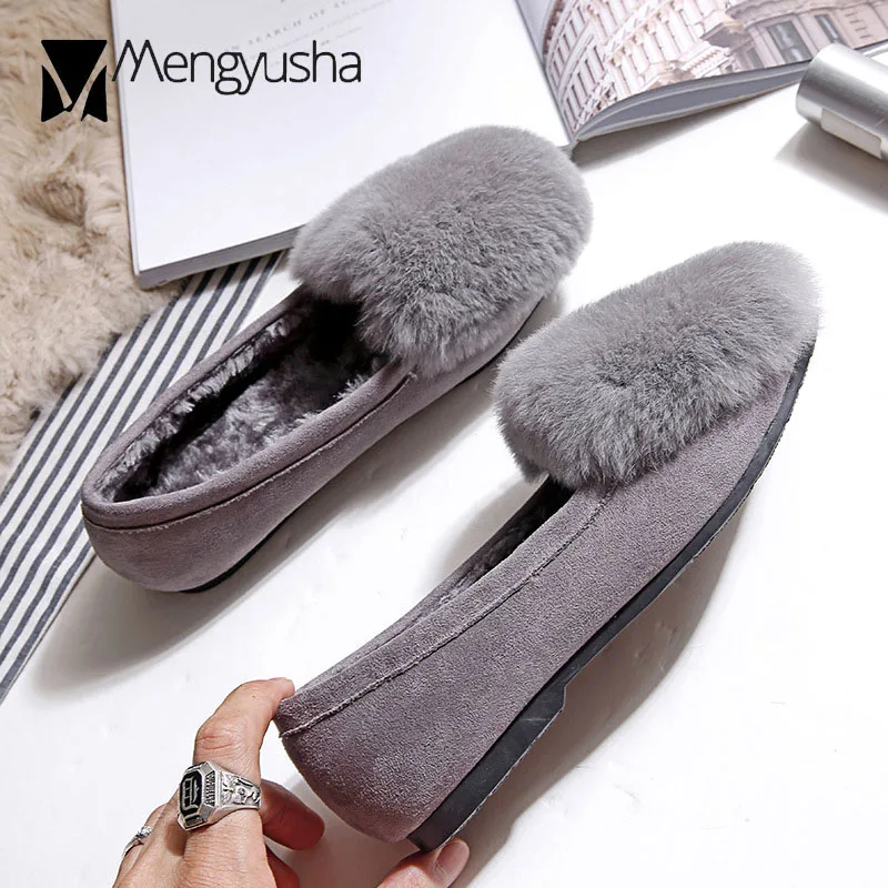 Большой size42/43 кроличий мех Женская обувь на плоской подошве без шнуровки Зимние