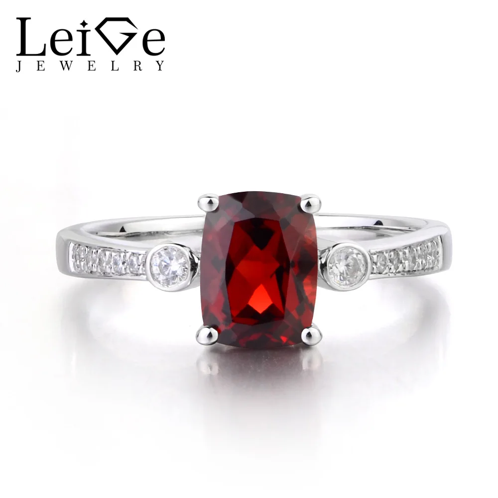 

Leige Jewelry Natural Garnet Ring Cushion Cut Red Gemstone January Birthstone Wedding Engagement Rings 925 Sterling Silver Ring