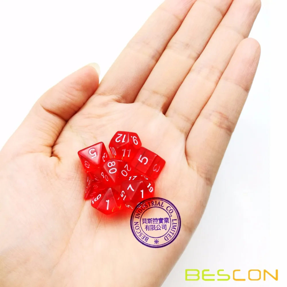 Bescon мини полупрозрачные многогранные RPG игральные кости набор 10 мм, маленький RPG ролевые игры игральные кости набор D4-D20 в трубе, прозрачный красный