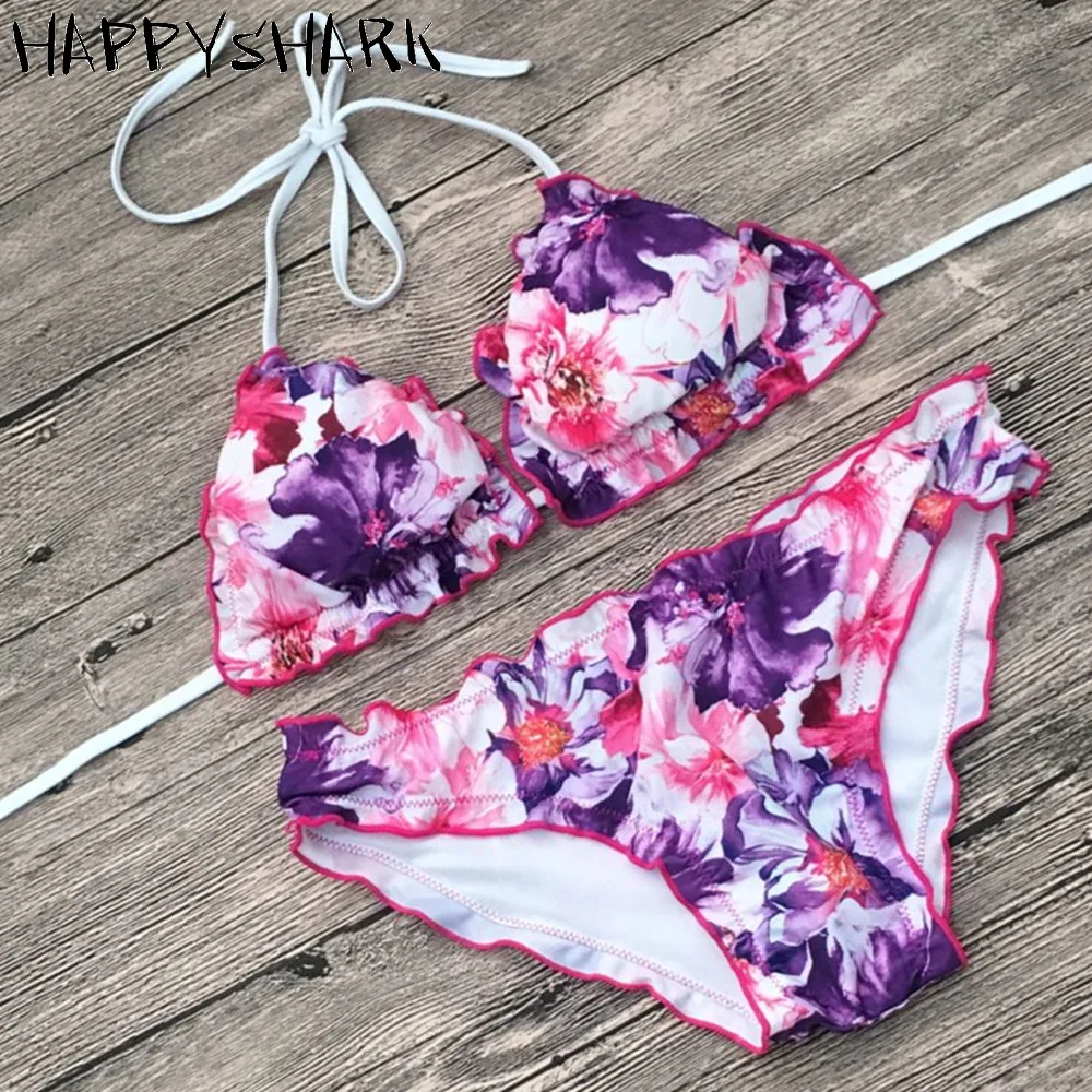 HAPPYSHARK 2018 Sexy Fold Edge Brazilian Bikinis Set Women Floral Printed Halter Trikini Biquinis Female Low Rise Swimwear |