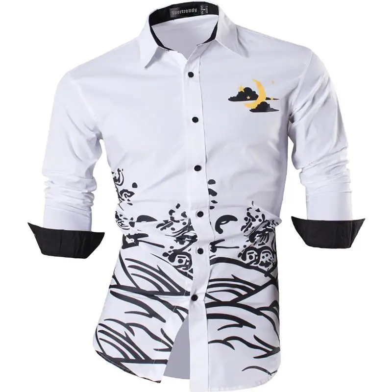 JZS082-White Sportrendy, мужские рубашки, повседневные, модные, с длинным рукавом, облегающие, стильные, с принтом черепа, татуировки, JZS047 - Цвет: JZS082-White