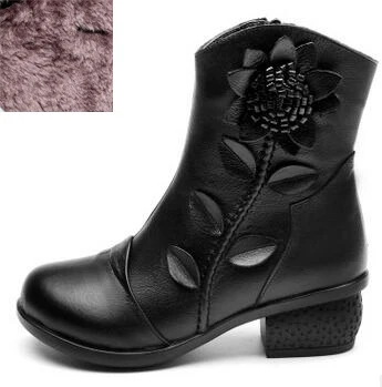 black and fur Cuculus Женская Мода Зимние теплые Ботильоны из натуральной кожи Для женщин; косая застежка на молнии; обувь с цветами для Для женщин Красный, черный, синий цвет 1797 - Цвет: black and fur