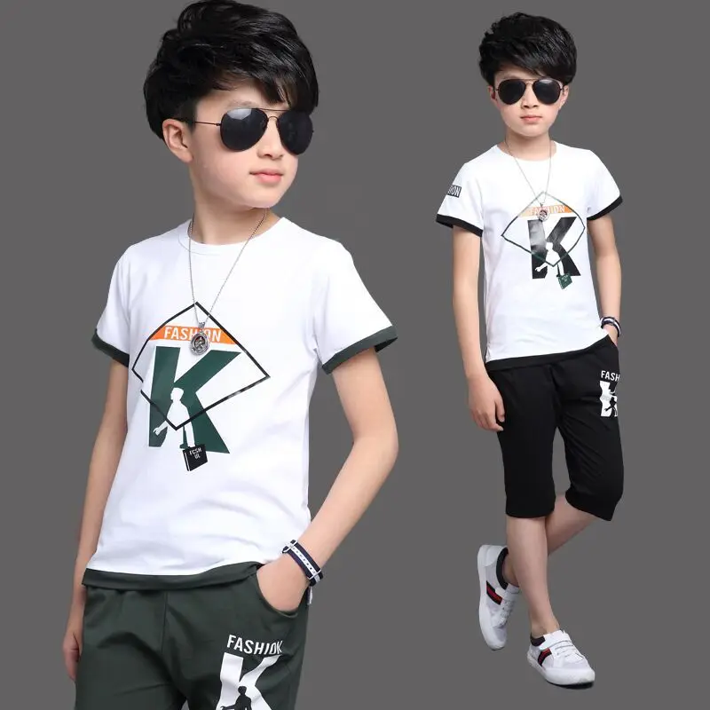 2019 New Summer Cotton Short Sleeve The Letter Printing T Shirt +pant Boys Two-piece of Large Children's Sport Suit 4-12Ages |