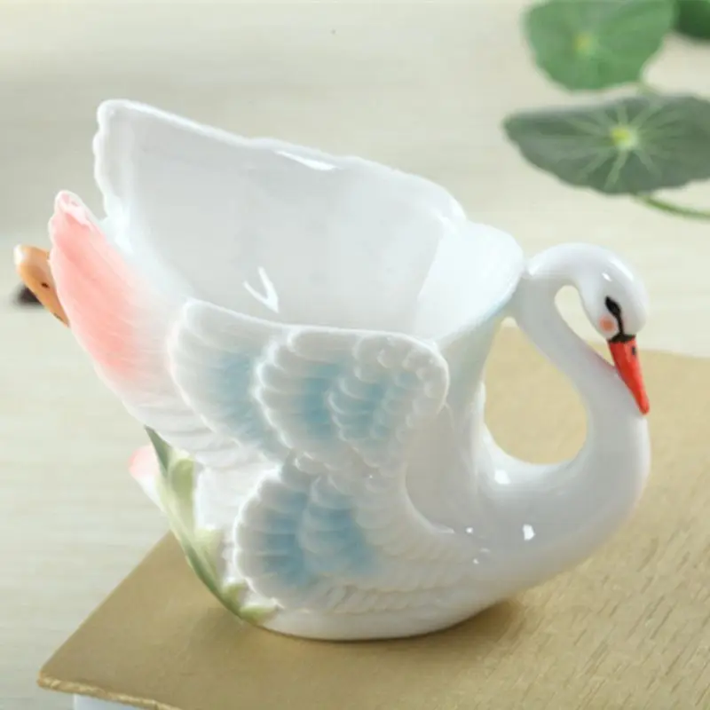 3D Creative Mug 160ml Chinese Swan Coffee Cups Milk Colored Enamel Porcelain Animal with Saucers and Spoons Lovely Gift | Дом и сад