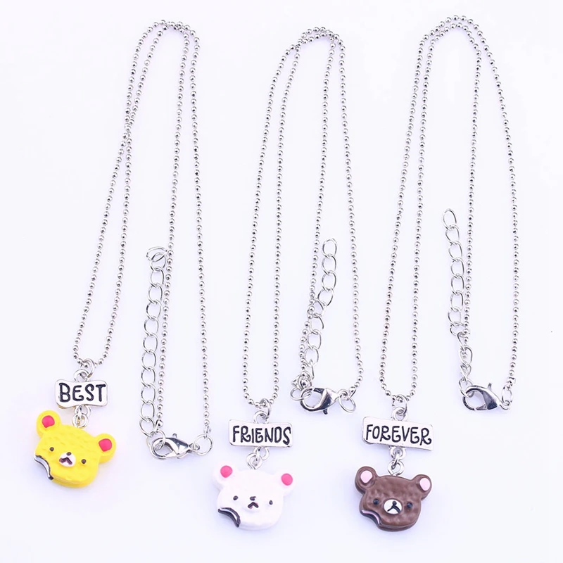 1set(3PCS) Fashion Resin Cute Bear Best Friends Pendant Necklace Cake/Biscuit Drop BFF Children Jewelry Gift N-830 Украшения и