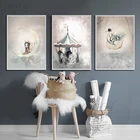 Картина на холсте в скандинавском стиле, Современная мультяшная карусель с изображением Луны, кролика, девушек, лебедя, цветной постер для детской комнаты, Настенная картина