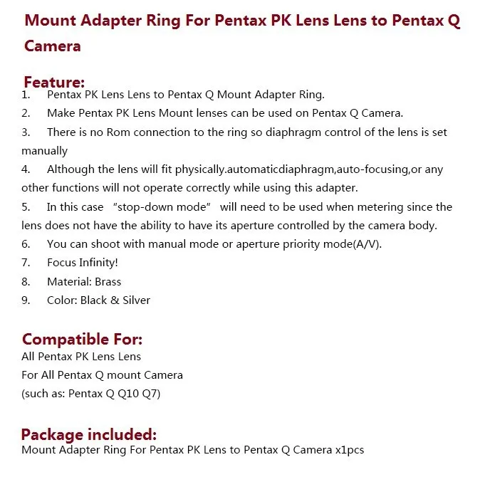 Pixco переходное кольцо для объектива Pentax PK для Камеры Pentax Q